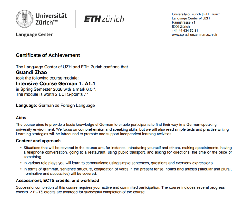 I completed the German A1.1 course